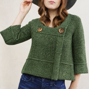 Free People Green Cropped Cardigan Sweater Wood Buttons Wool 3/4 Sleeves